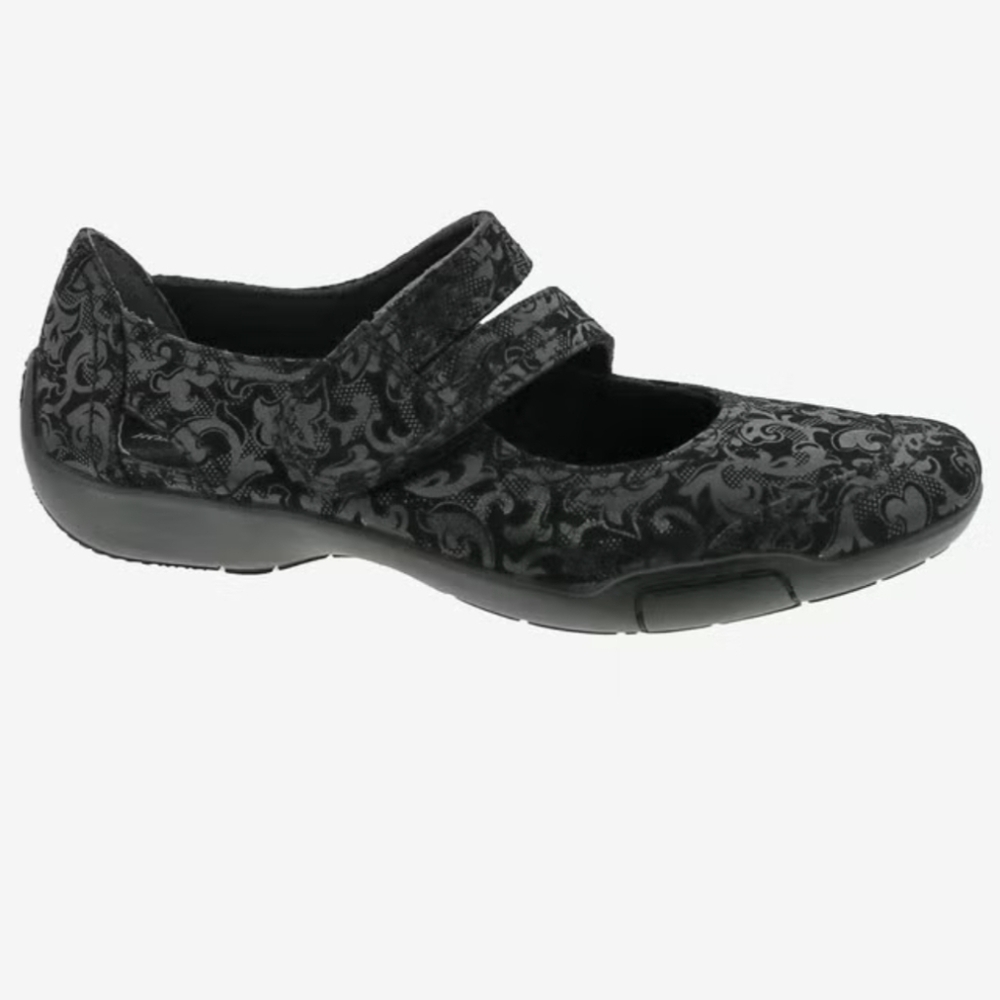 Ros Hommerson Chelsea Damask Black Leather Strappy Mary Jane Flats - Size 8M